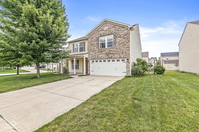 6259 Teacup Dr, Indianapolis, IN 46235 - traditional-style house featuring a garage, driveway, a front yard, and brick siding