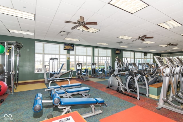 15946 Marsala Dr, Fishers, IN 46037 - exercise room featuring ceiling fan and a drop ceiling