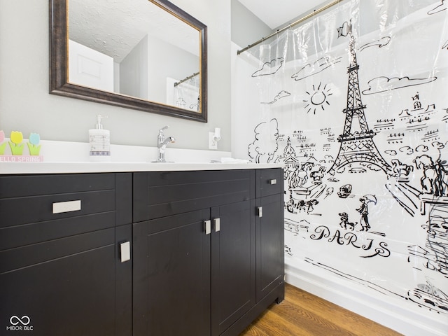 4025 Main St, Anderson, IN 46013 - bathroom featuring vanity, wood finished floors, and a shower with shower curtain