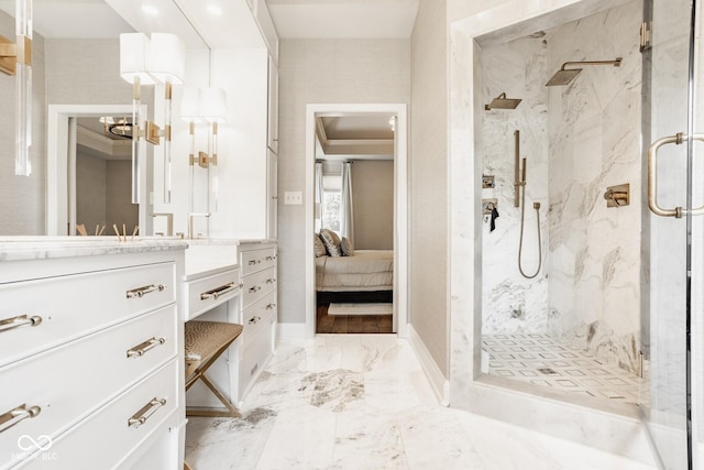 12505 Branford St, Carmel, IN 46032 - ensuite bathroom with a marble finish shower, vanity, marble finish flooring, a chandelier, and recessed lighting