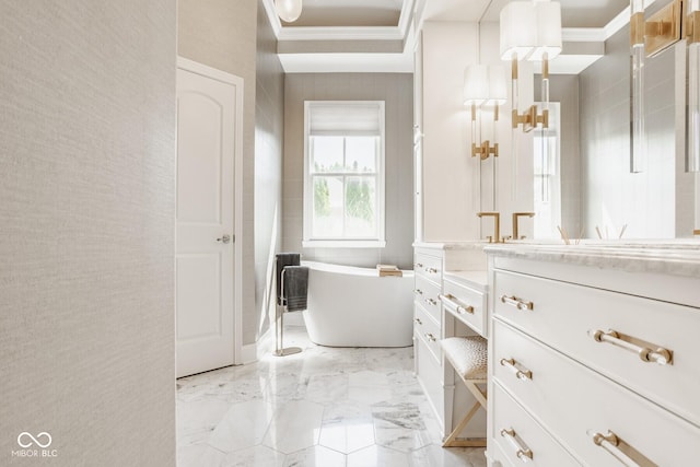 12505 Branford St, Carmel, IN 46032 - full bath featuring vanity, a soaking tub, crown molding, and marble finish floors