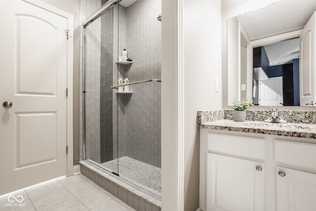 12505 Branford St, Carmel, IN 46032 - bathroom with a shower stall, vanity, and tile patterned floors