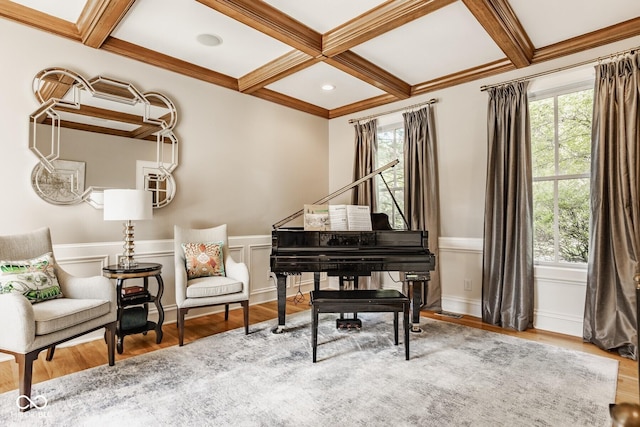 12505 Branford St, Carmel, IN 46032 - living area with wood finished floors, coffered ceiling, beam ceiling, wainscoting, and ornamental molding