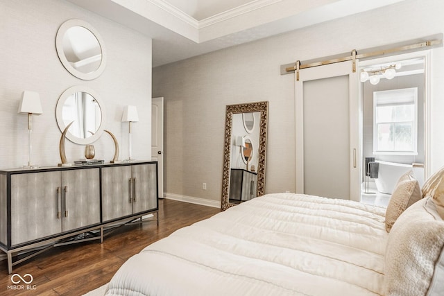 12505 Branford St, Carmel, IN 46032 - bedroom featuring a barn door, ornamental molding, and dark wood-type flooring