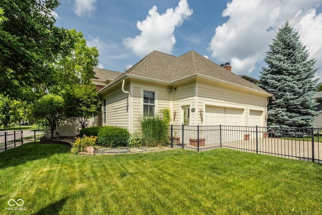 12505 Branford St, Carmel, IN 46032 - view of home's exterior featuring a garage, a chimney, a shingled roof, and driveway