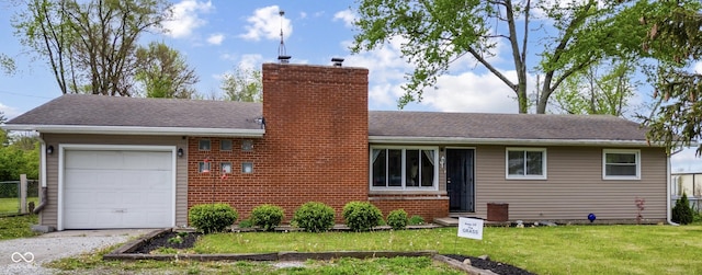 1207 E Main St, Centerville, IN 47330 - ranch-style home with an attached garage, a chimney, a front lawn, gravel driveway, and brick siding