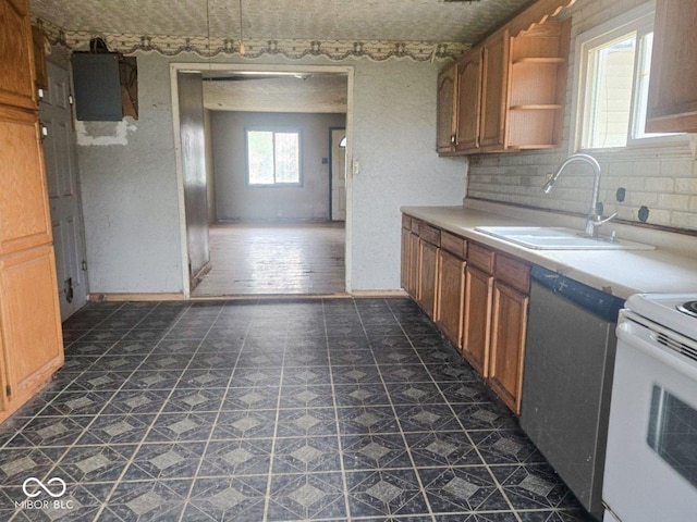 5156 N 14th St, Terre Haute, IN 47805 - kitchen with stainless steel dishwasher, white electric stove, light countertops, dark tile patterned floors, and open shelves