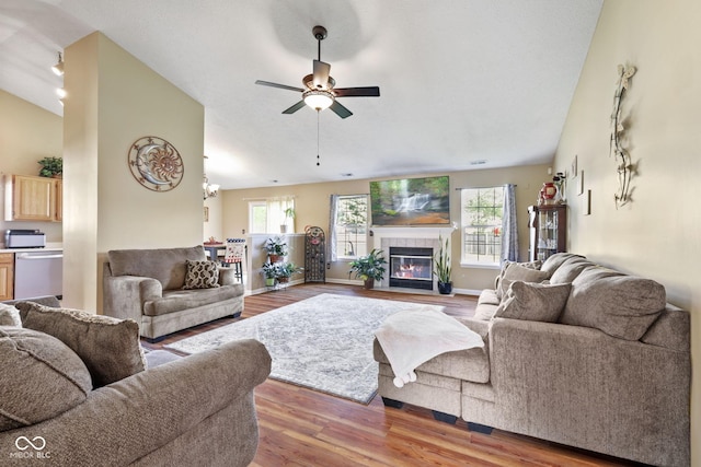 1896 Central Park Blvd W, Greenwood, IN 46143 - living room with wood finished floors, ceiling fan, and a tile fireplace
