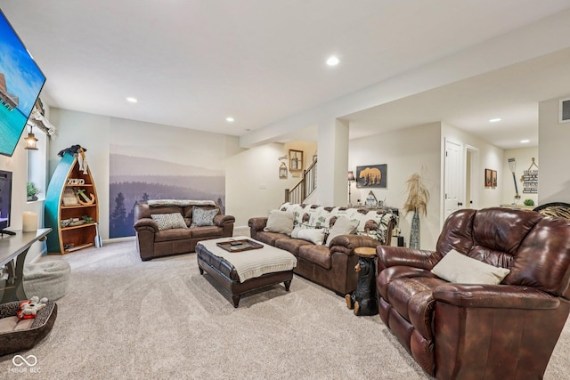 19281 Scofield Ridge Blvd, Westfield, IN 46074 - carpeted living area with stairway and recessed lighting