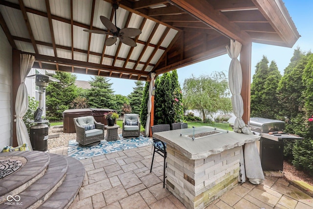 19281 Scofield Ridge Blvd, Westfield, IN 46074 - view of patio / terrace featuring a hot tub, ceiling fan, a gazebo, a bar, and area for grilling