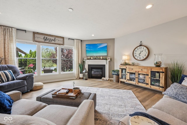 19281 Scofield Ridge Blvd, Westfield, IN 46074 - living room with wood finished floors, recessed lighting, and a glass covered fireplace