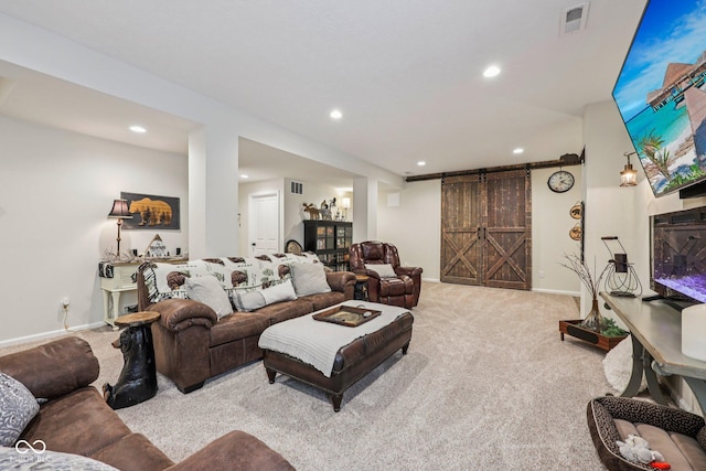 19281 Scofield Ridge Blvd, Westfield, IN 46074 - carpeted living area featuring a barn door and recessed lighting