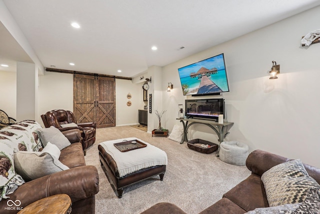 19281 Scofield Ridge Blvd, Westfield, IN 46074 - living room with a barn door, carpet, and recessed lighting