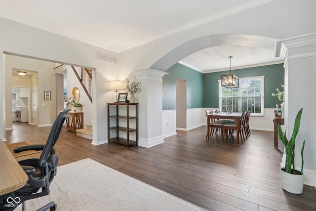 427 Quincy Pl, Westfield, IN 46074 - office area with arched walkways, hardwood / wood-style floors, a chandelier, and ornamental molding