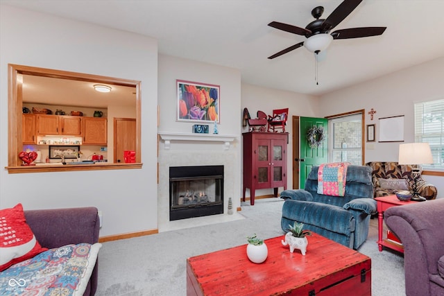 5515 Gateridge Ln, Indianapolis, IN 46237 - living room with a ceiling fan, carpet, and a high end fireplace
