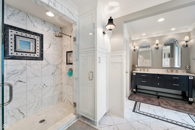 4443 Mallard Pt, Columbus, IN 47201 - full bath with a stall shower, double vanity, ornamental molding, marble finish flooring, and recessed lighting