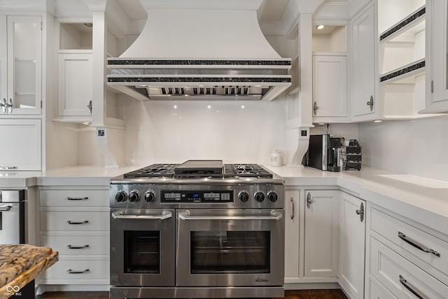 4443 Mallard Pt, Columbus, IN 47201 - kitchen featuring double oven range, custom range hood, white cabinets, and light countertops