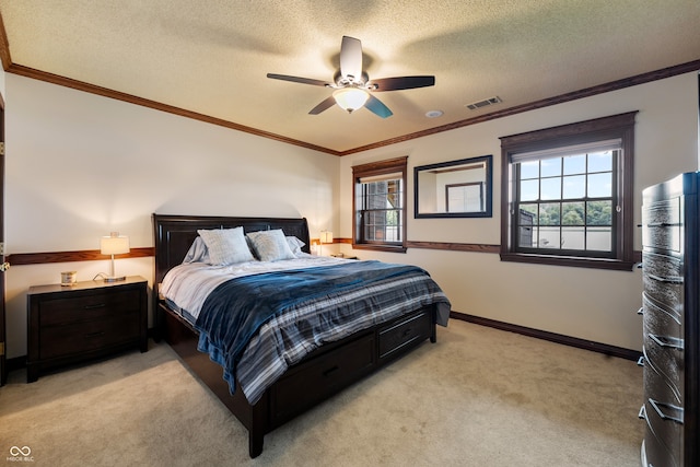 4443 Mallard Pt, Columbus, IN 47201 - bedroom featuring light carpet, ceiling fan, ornamental molding, and a textured ceiling