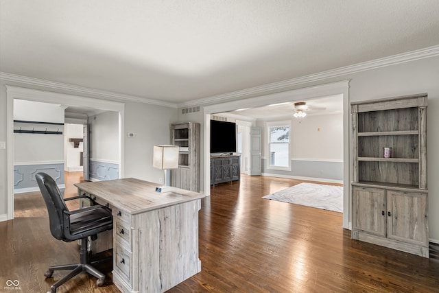 4443 Mallard Pt, Columbus, IN 47201 - office space with dark wood-type flooring, ornamental molding, a ceiling fan, and wainscoting