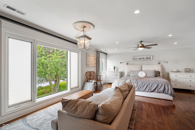 4443 Mallard Pt, Columbus, IN 47201 - bedroom featuring ornamental molding, wood finished floors, a chandelier, and recessed lighting