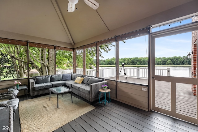 4443 Mallard Pt, Columbus, IN 47201 - sunroom featuring a water view, an outdoor hangout area, ceiling fan, and view of scattered trees