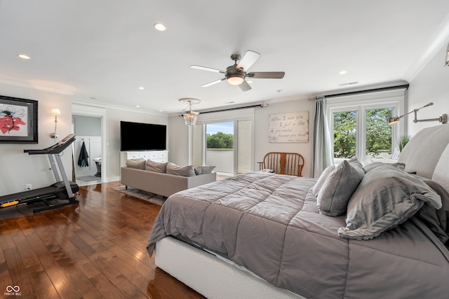4443 Mallard Pt, Columbus, IN 47201 - bedroom with crown molding, dark wood-style floors, recessed lighting, and ceiling fan