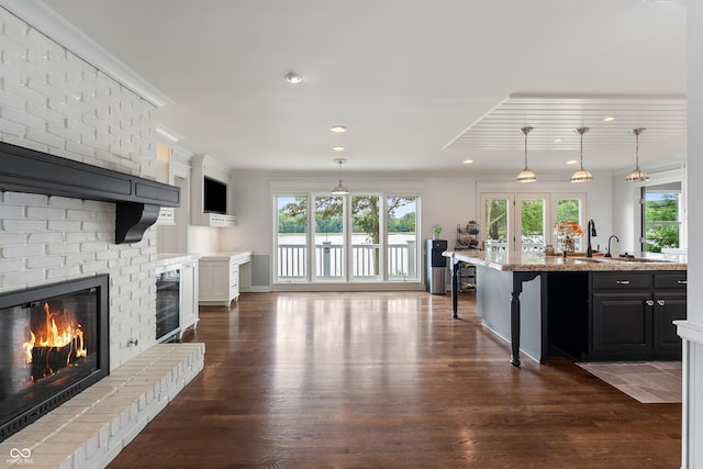 4443 Mallard Pt, Columbus, IN 47201 - kitchen featuring a brick fireplace, dark wood-style flooring, recessed lighting, pendant lighting, and light stone countertops