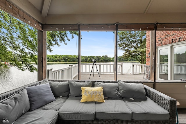 4443 Mallard Pt, Columbus, IN 47201 - view of patio / terrace with outdoor lounge area, a deck with water view, and view of wooded area