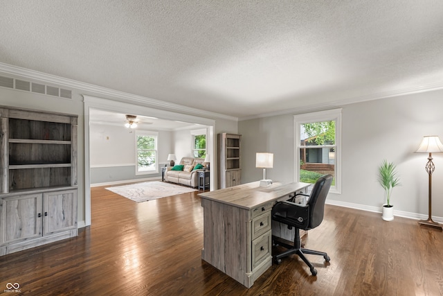 4443 Mallard Pt, Columbus, IN 47201 - office area featuring dark wood-type flooring, a textured ceiling, and ornamental molding
