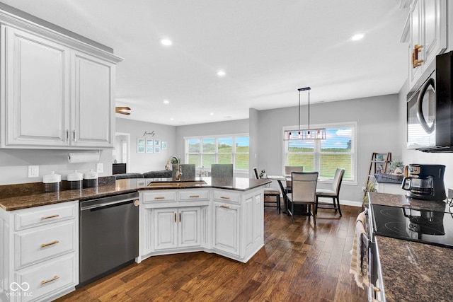 3072 W Glacier Dr, Monrovia, IN 46157 - kitchen with stainless steel appliances, dark wood-type flooring, a peninsula, white cabinets, and recessed lighting