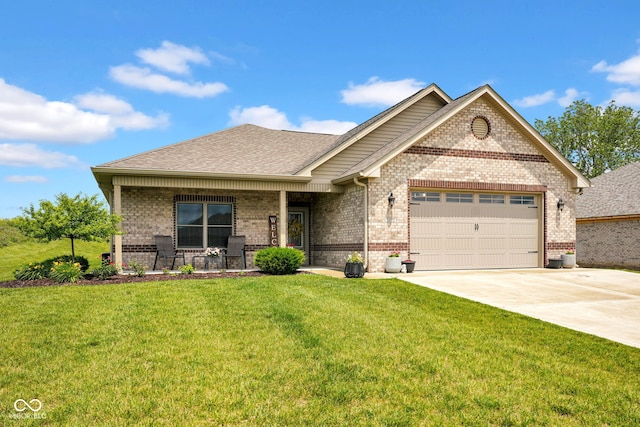 3072 W Glacier Dr, Monrovia, IN 46157 - ranch-style house featuring brick siding, a porch, an attached garage, a front yard, and concrete driveway