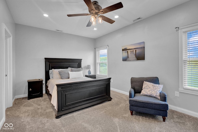 3072 W Glacier Dr, Monrovia, IN 46157 - bedroom featuring carpet flooring, multiple windows, recessed lighting, and a ceiling fan