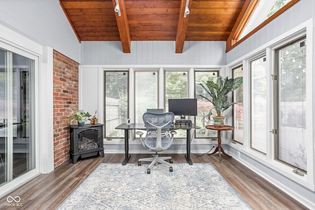 7629 Candlewood Ln, Indianapolis, IN 46250 - office area with wooden ceiling, wood finished floors, and a wood stove
