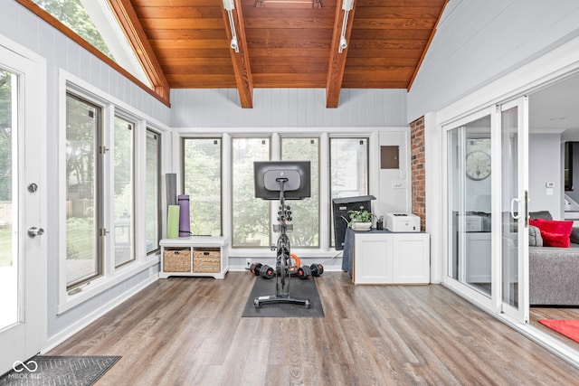 7629 Candlewood Ln, Indianapolis, IN 46250 - exercise area featuring lofted ceiling, wood finished floors, wooden ceiling, plenty of natural light, and french doors