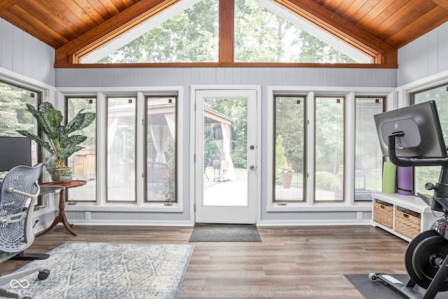 7629 Candlewood Ln, Indianapolis, IN 46250 - sunroom featuring vaulted ceiling, wooden ceiling, plenty of natural light, wood finished floors, and wooden walls