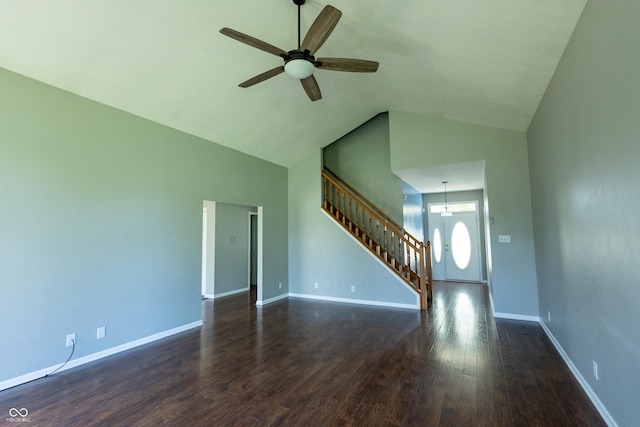 3610 Homestead Pl, Plainfield, IN 46168 - unfurnished living room featuring stairway, ceiling fan, dark wood-style floors, and high vaulted ceiling