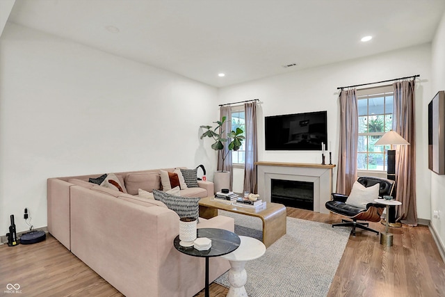 1046 N Hamilton Ave, Indianapolis, IN 46201 - living room with light wood-style floors, a glass covered fireplace, and recessed lighting