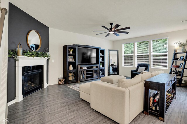 5306 Lavender Dr, Plainfield, IN 46168 - living area featuring a ceiling fan, wood finished floors, and a glass covered fireplace