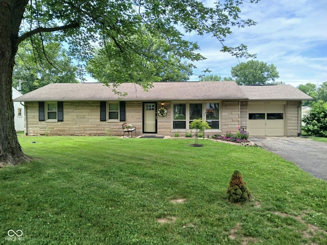 202 Collier St, Columbus, IN 47201 - ranch-style house featuring stone siding, an attached garage, asphalt driveway, a front lawn, and a shingled roof
