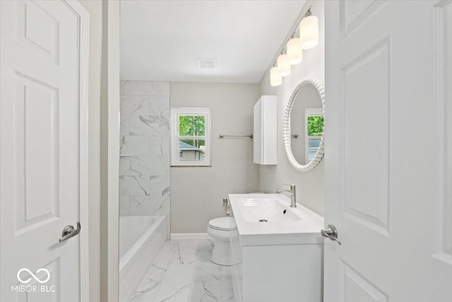 508 W 38th St, Indianapolis, IN 46208 - full bathroom with marble finish flooring, vanity, and tub / shower combination