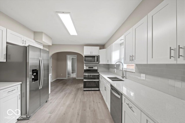 508 W 38th St, Indianapolis, IN 46208 - kitchen with stainless steel appliances, arched walkways, white cabinetry, and decorative backsplash