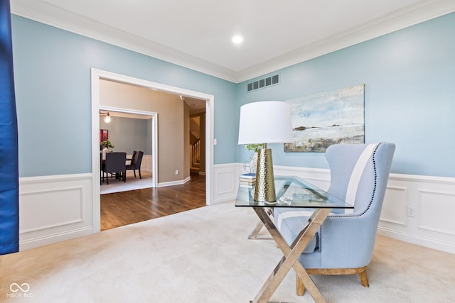 11266 Old Stone Dr, Indianapolis, IN 46236 - office featuring crown molding, carpet flooring, a wainscoted wall, and a decorative wall