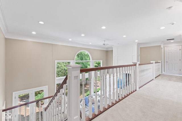11266 Old Stone Dr, Indianapolis, IN 46236 - corridor with ornamental molding, recessed lighting, carpet flooring, and an upstairs landing