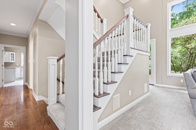 11266 Old Stone Dr, Indianapolis, IN 46236 - stairs featuring healthy amount of natural light, crown molding, a towering ceiling, and wood finished floors