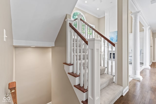 11266 Old Stone Dr, Indianapolis, IN 46236 - staircase with wood finished floors, ornamental molding, recessed lighting, and decorative columns