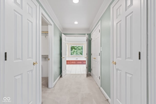 11266 Old Stone Dr, Indianapolis, IN 46236 - hallway featuring light colored carpet, crown molding, and recessed lighting