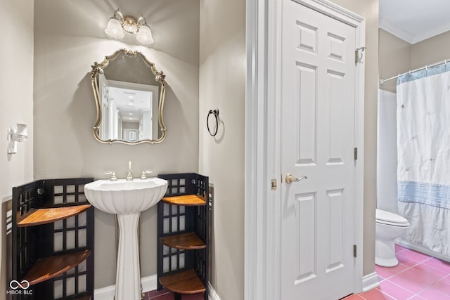 11266 Old Stone Dr, Indianapolis, IN 46236 - bathroom featuring tile patterned flooring, crown molding, and a shower with shower curtain