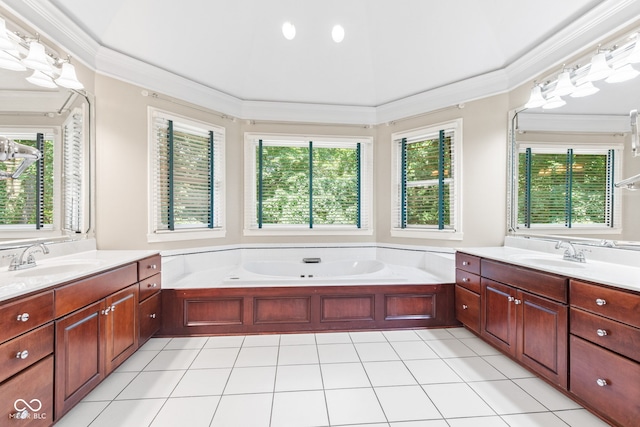 11266 Old Stone Dr, Indianapolis, IN 46236 - full bath with two vanities, ornamental molding, healthy amount of natural light, and a bath
