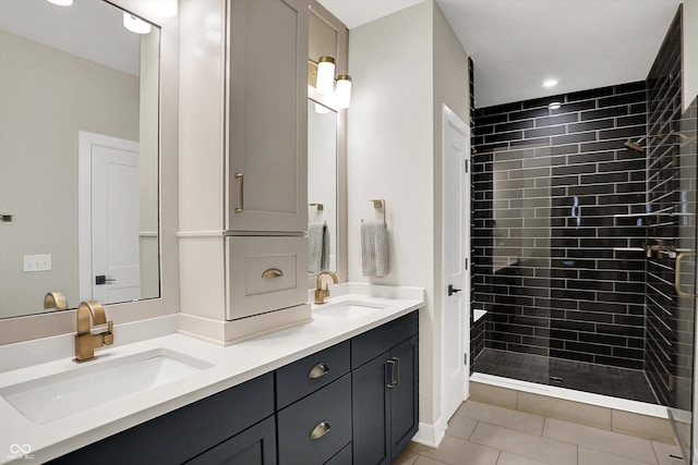 906 Berkhamsted Ln, Carmel, IN 46032 - full bath with double vanity, a shower stall, tile patterned floors, and recessed lighting