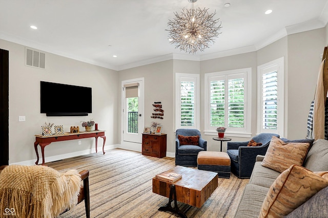 906 Berkhamsted Ln, Carmel, IN 46032 - living room with a chandelier, recessed lighting, and ornamental molding